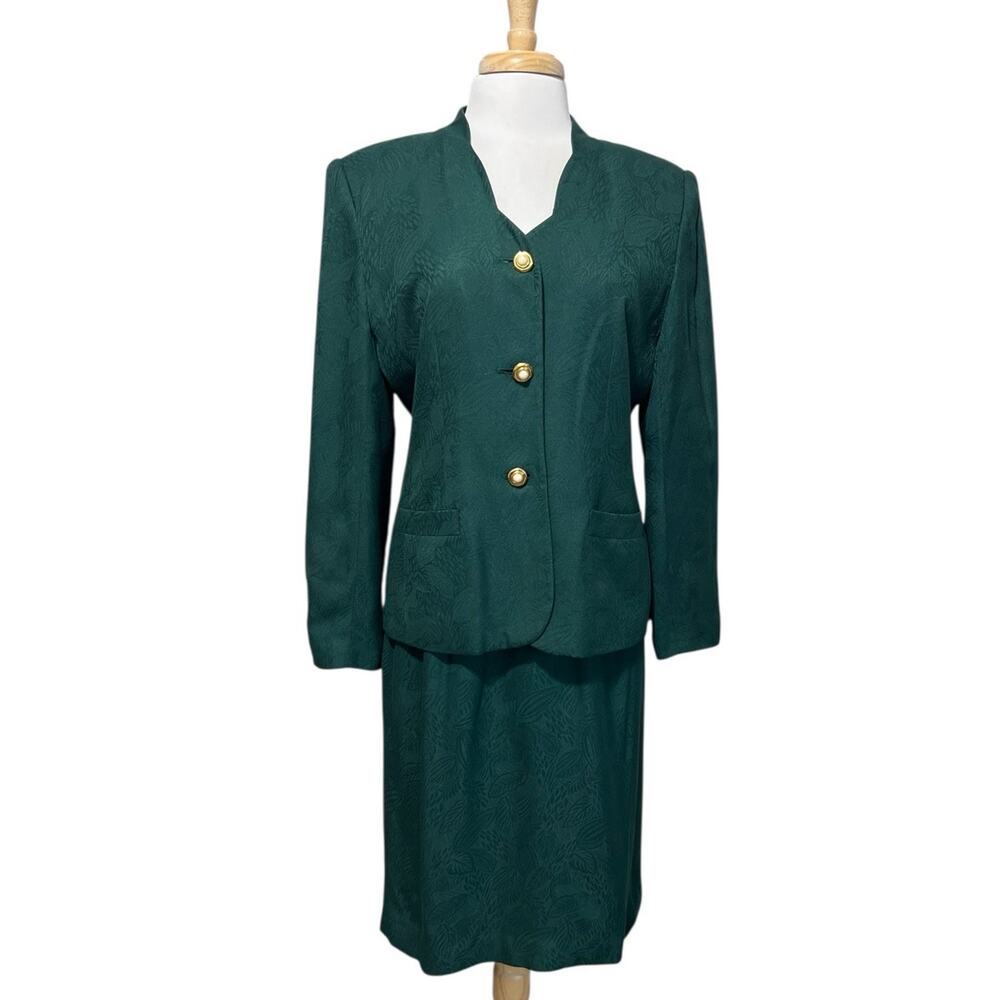 Atrium Womens Vintage 90’s Hunter Green Jacquard Skirt Suit Blazer Womens 12
